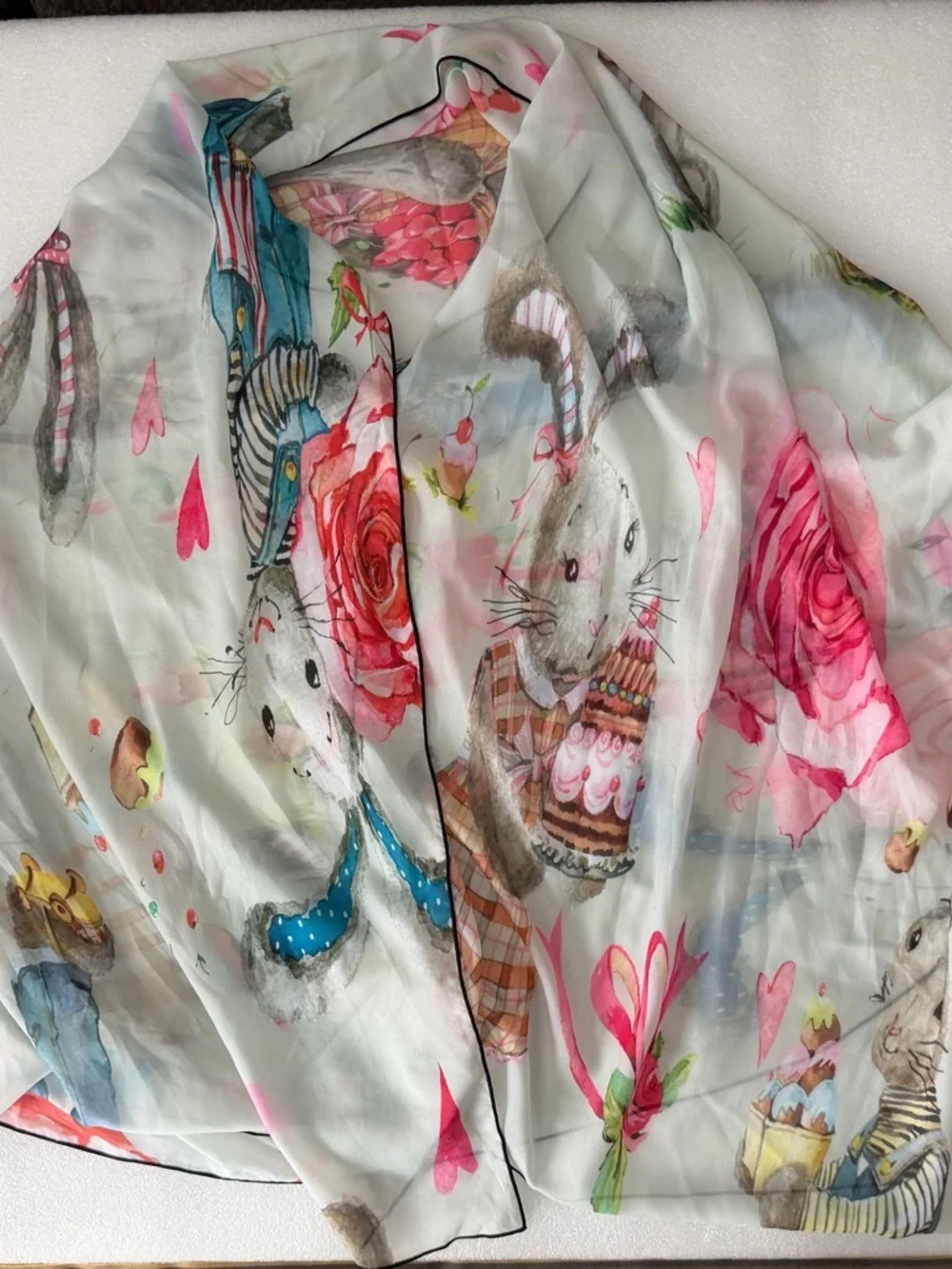 Watercolor Bunny Scarf Storybook Rabbit Long Luxury Wrap Rare Whimsical - Picture 7 of 8